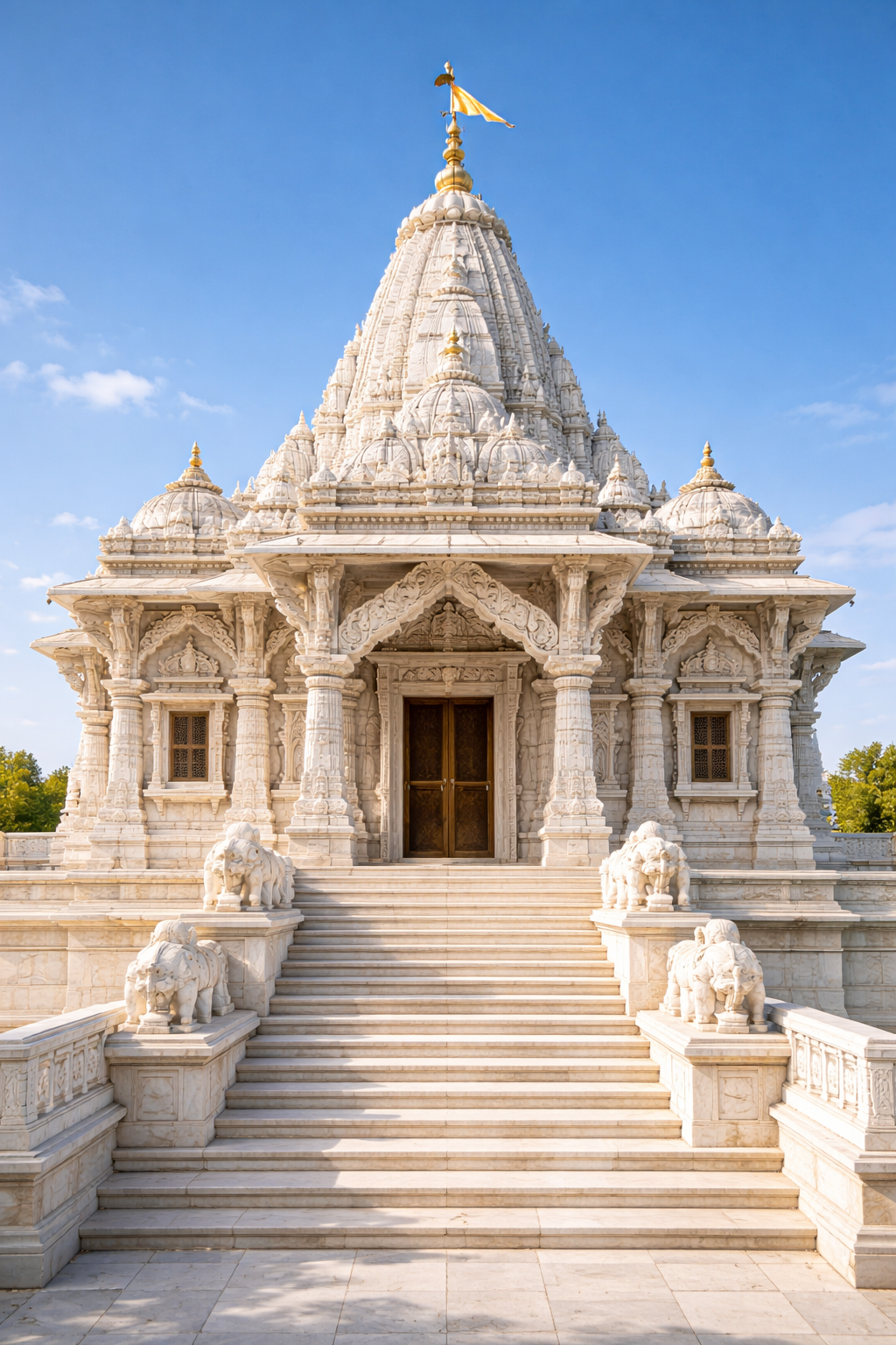White marble Jain temple exterior with ornate shikhara tower, carved entrance with torana decorative arch, stone steps leading up flanked by lion statues, clear blue sky -- HD architectural wallpaper